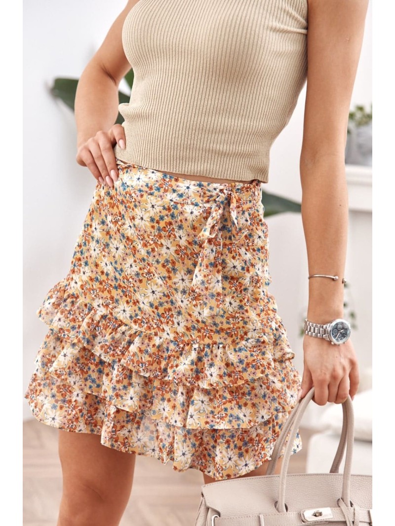 Floral skirt with a tie on the side, yellow MP803880 - Online store - Boutique